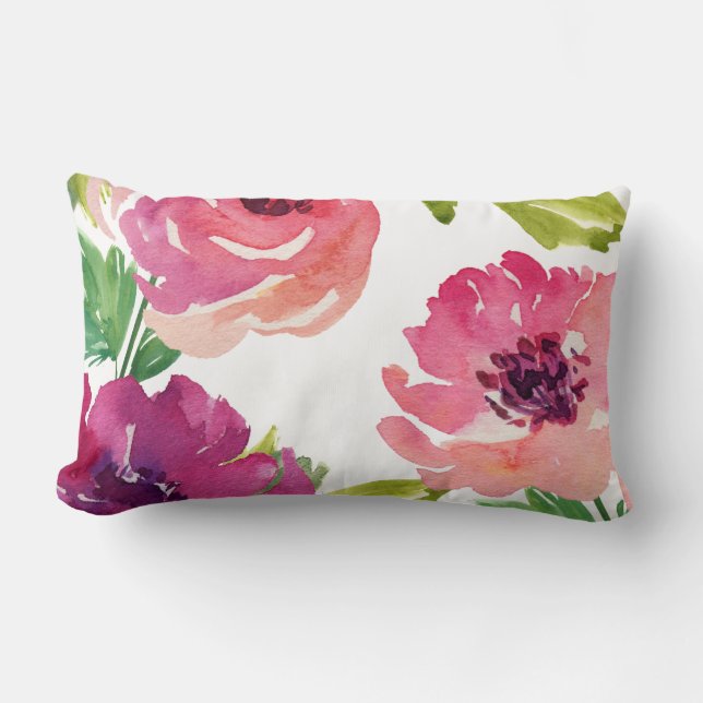 Watercolor Floral in Pink and Purple Lumbar Pillow (Front)