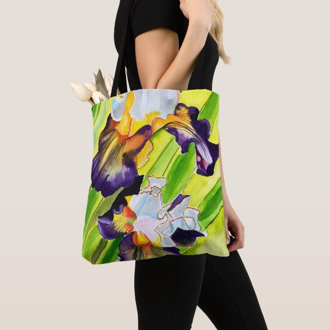 Watercolor floral iris purple green tote bag (Close Up)