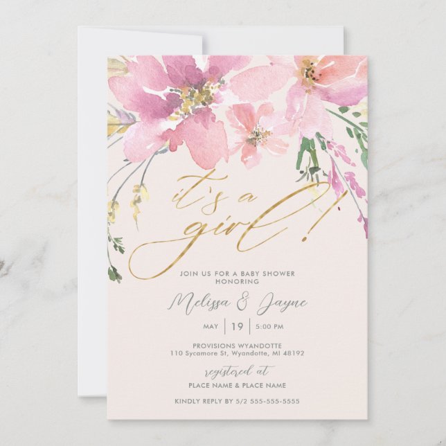 Watercolor Floral It's a Girl Baby Shower Invitation (Front)