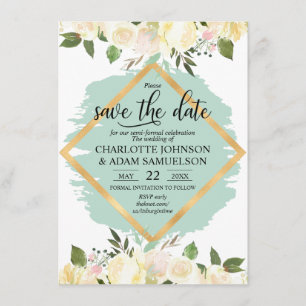 Watercolor Floral Ivory Mint Gold Invitation
