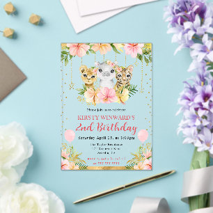 Watercolor Floral Jungle Animals Kids Birthday Acrylic Invitations