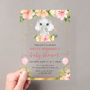 Watercolor Floral Jungle Elephant Baby Shower Acrylic Invitations