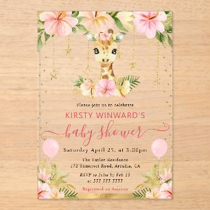 Watercolor Floral Jungle Giraffe Baby Shower Acrylic Invitations