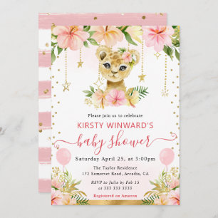 Watercolor Floral Jungle Lion Cub Baby Shower Invitation