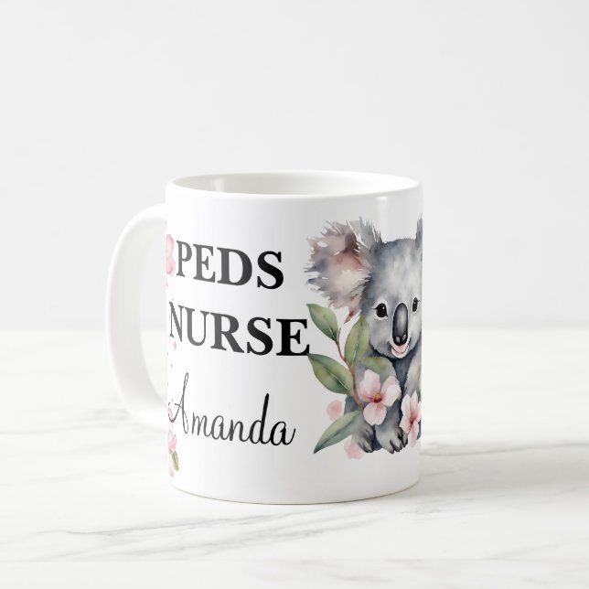 Watercolor Floral Koala Bear Custom Nurse  Coffee Mug (Front Left)