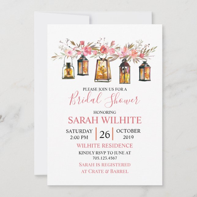 Watercolor Floral Lanterns Bridal Shower Invitation (Front)