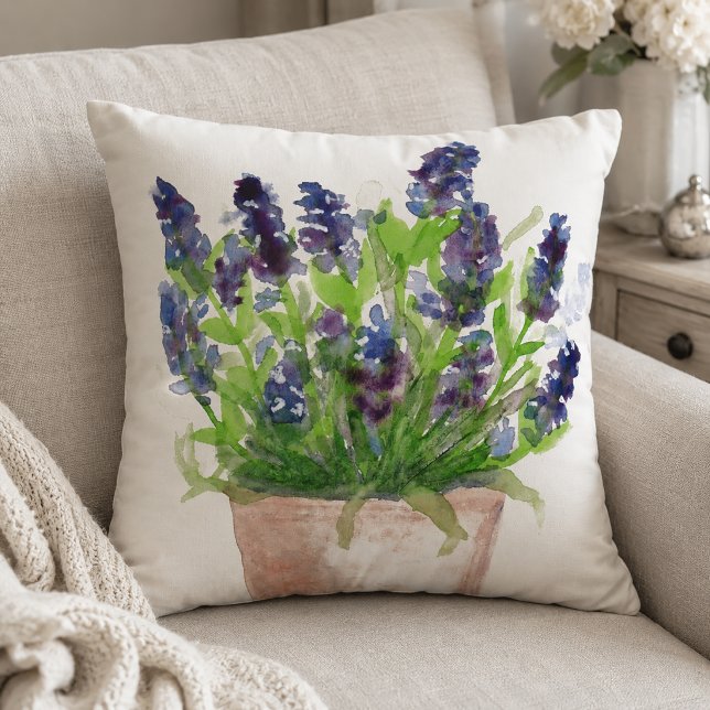 Watercolor Floral Lavender Throw Pillow (Cozy Farmhouse Lavender Pillow)