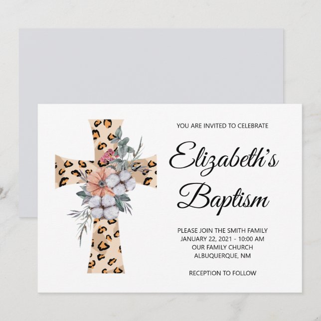 Watercolor Floral Leopard Cross Grey Baptism Invitation (Front/Back)