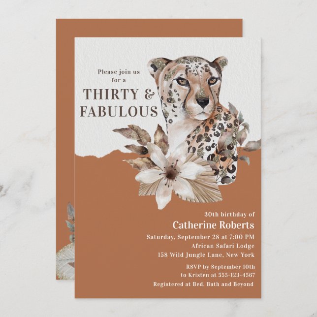 Watercolor Floral Leopard Thirty 30th Birthday Invitation (Front/Back)