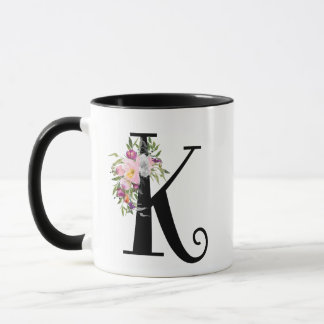 Watercolor Floral Letter K, Monogram Art Mug