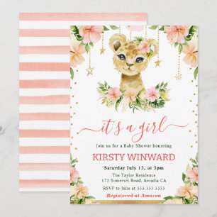 Watercolor Floral Lion Cub Girl Baby Shower Invitation