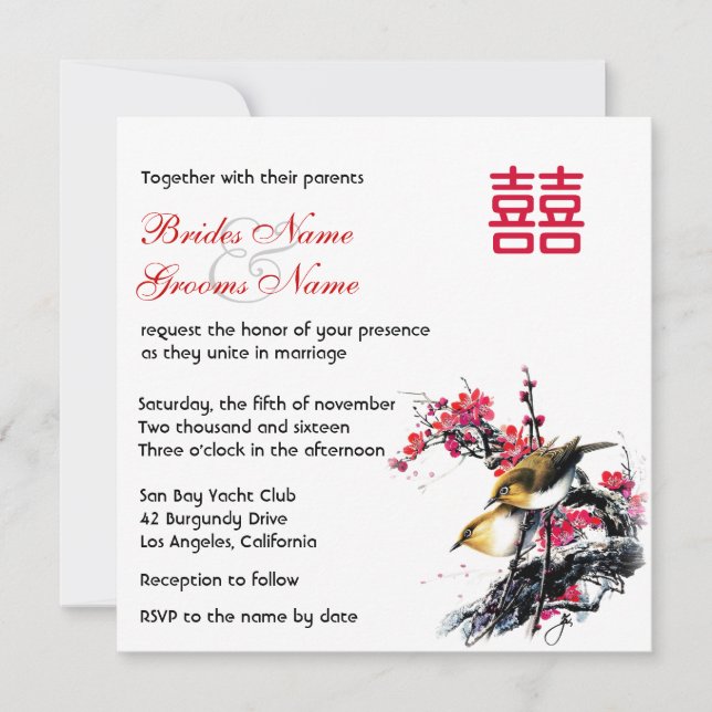 Watercolor Floral Love Birds Chinese Xi Wedding Invitation (Front)