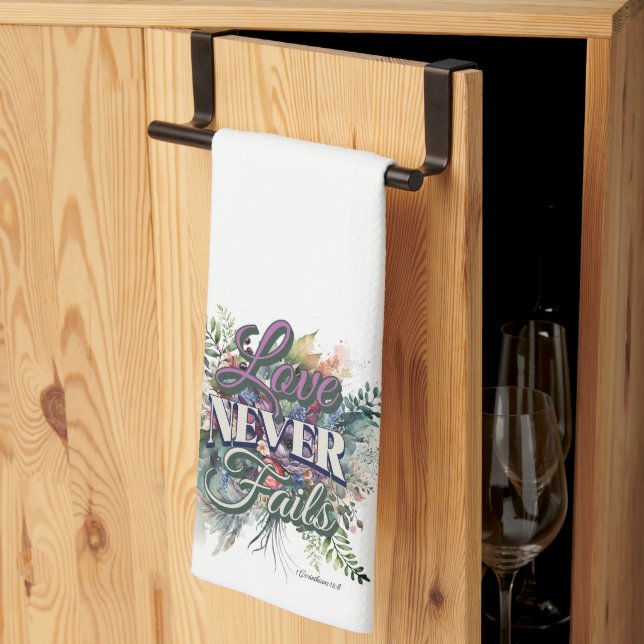 Watercolor Floral Love Never Fails Scripture Kitchen Towel (Thirds Fold)