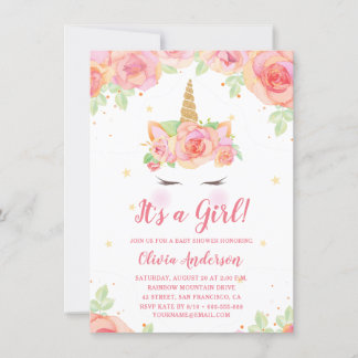 Watercolor Floral Magical Unicorn Girl Baby Shower Invitation