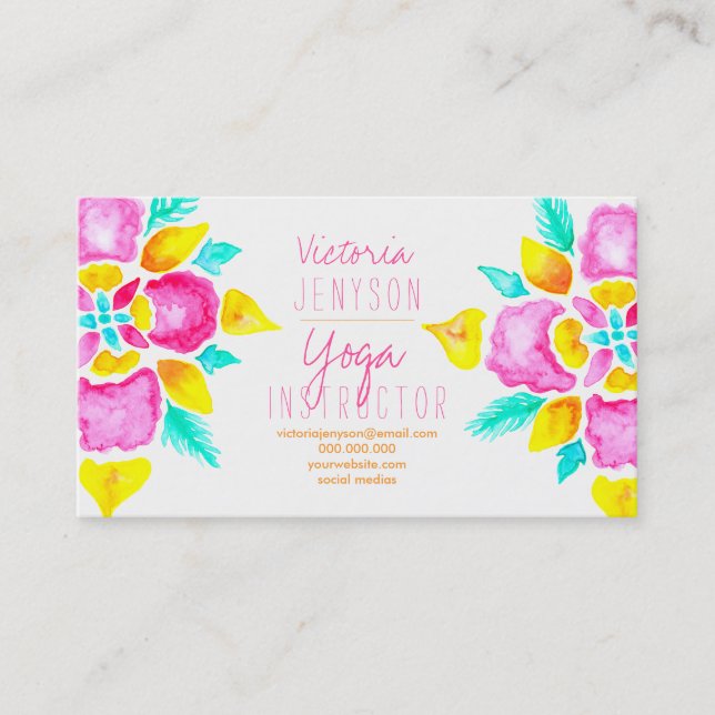 Watercolor floral mandala yoga instructor business card (Front)