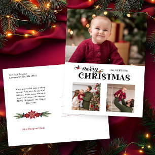 Watercolor Floral Merry Christmas Script 3-Photo Holiday Postcard
