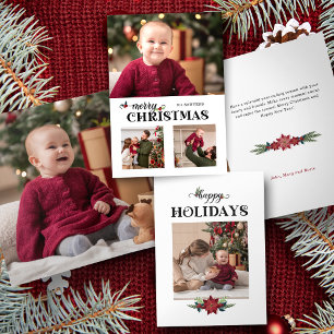 Watercolor Floral Merry Christmas Script 3-Photo Tri-Fold Card