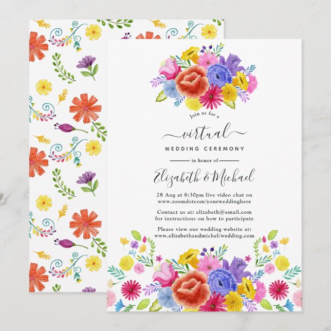 Watercolor Floral Mexican Fiesta Virtual Wedding Invitation (Front/Back)