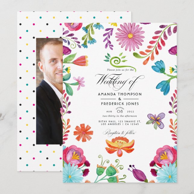 Watercolor Floral Mexican Fiesta Wedding Photo Invitation (Front/Back)