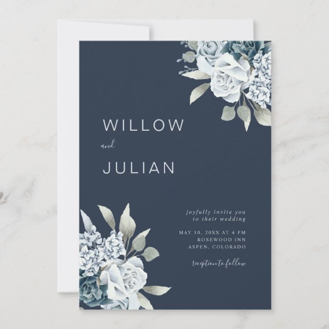 Watercolor Floral Modern Navy Blue Wedding Invitation (Front)