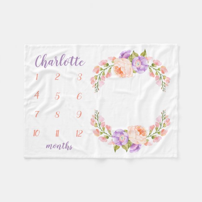Watercolor Floral Monogram Baby Milestone Photo Fleece Blanket (Front (Horizontal))