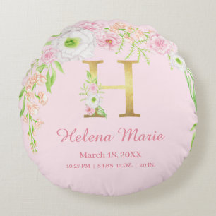 Watercolor Floral Monogram Baby Stats Round Pillow