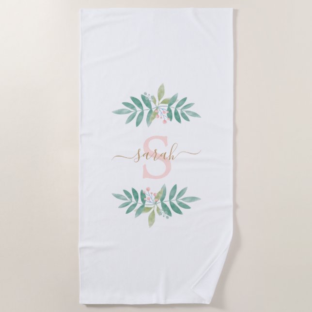 Watercolor Floral Monogram Beach Towel (Front)