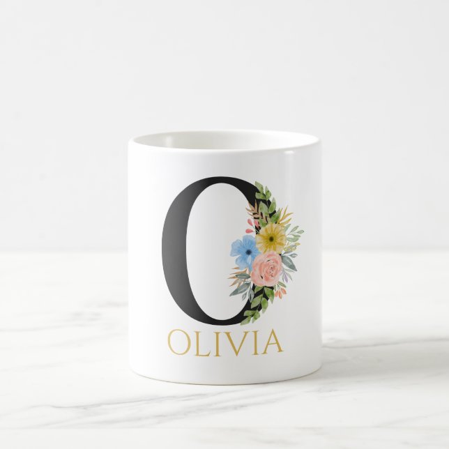 Watercolor Floral Monogram Coffee Mug (Center)