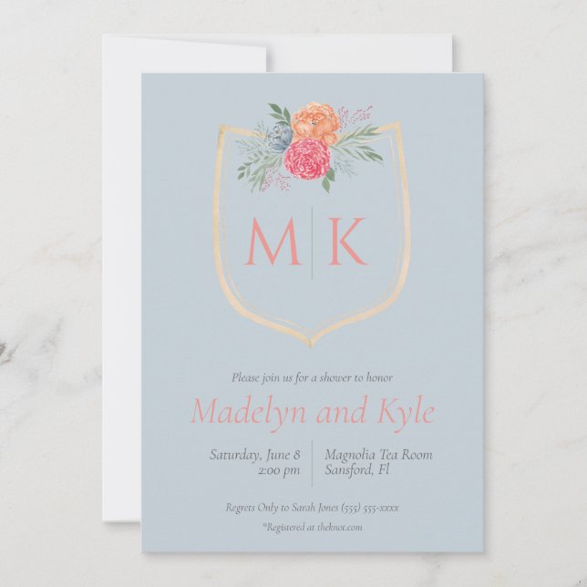 Watercolor  Floral Monogram Crest Bridal Shower Invitation (Front)