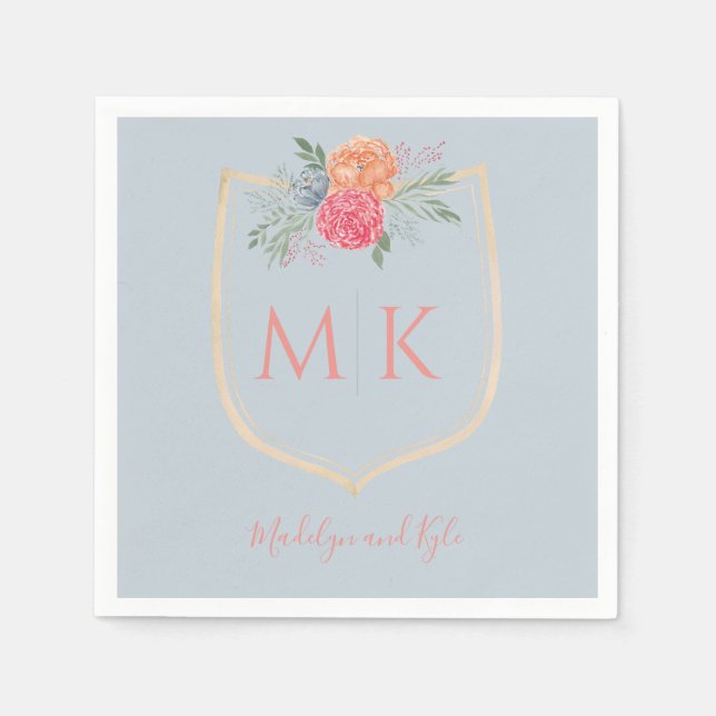 Watercolor  Floral Monogram Crest Bridal Shower Napkin (Front)