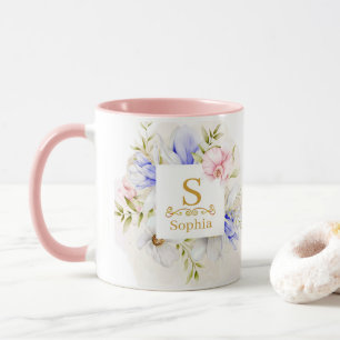 Watercolor Floral Monogram I Custom Gold Initial Mug