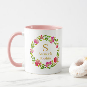 Watercolor Floral Monogram I Custom Gold Initial Mug