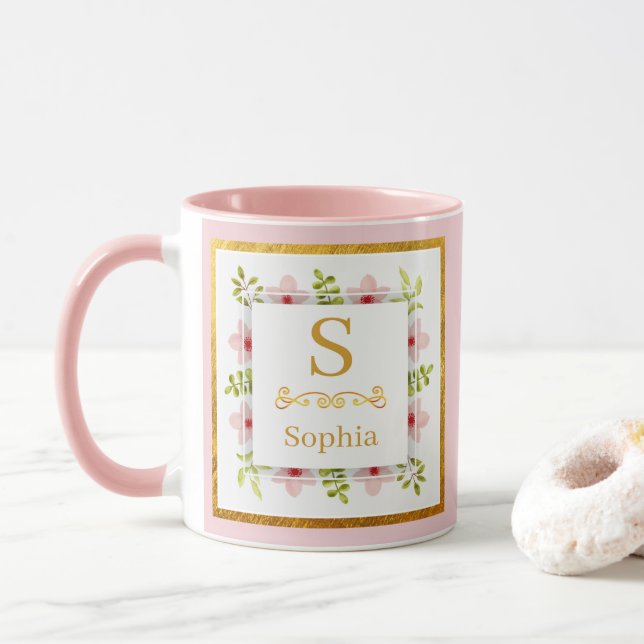 Watercolor Floral Monogram I Custom Gold Initial Mug (With Donut)