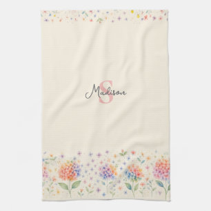 Watercolor Floral Monogram — Pastel Blossoms Kitchen Towel