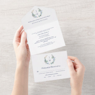 Watercolor Floral Monogram Simple Elegant Wedding All In One Invitation