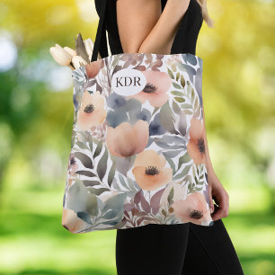 Watercolor Floral Monogram Tote Bag