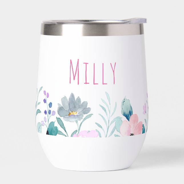 Watercolor floral monogram wine tumbler (Left)