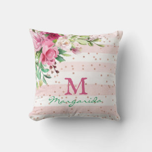 Watercolor Floral Monogram With Name Girl Throw Pillow