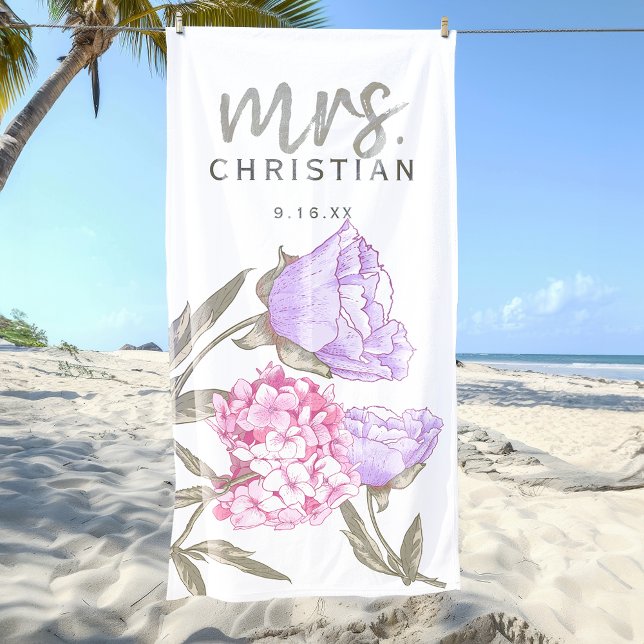 Watercolor Floral Mrs Date Beach Towel (Watercolor Floral Mrs Date Beach Towel)