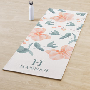 Watercolor Floral Name and Monogram White Yoga Mat