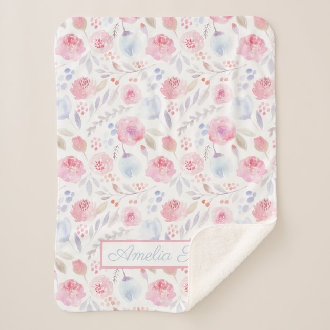 Watercolor Floral Name Modern Pink, Baby Blanket (Front)