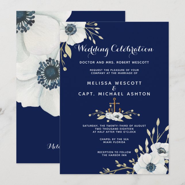 Watercolor Floral Nautical Navy and White Wedding Invitation (Front/Back)
