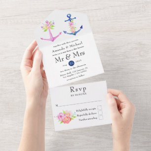 Watercolor Floral Nautical Wedding All In One Invitation