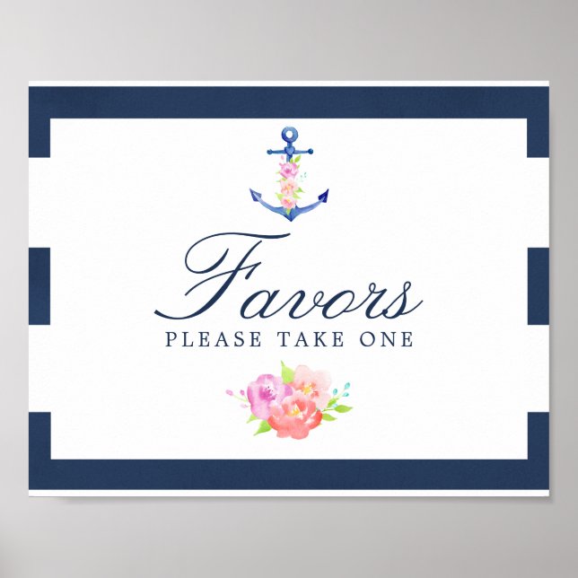Watercolor Floral Nautical Wedding Favours Sign (Front)