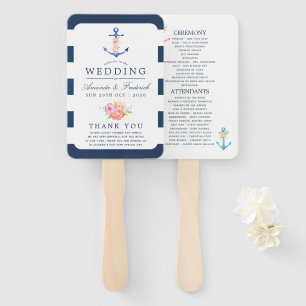 Watercolor Floral Nautical Wedding Program Hand Fan