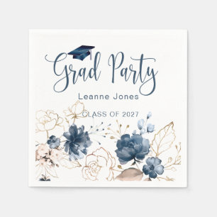 Watercolor floral navy blue & gold, Graduation Napkin