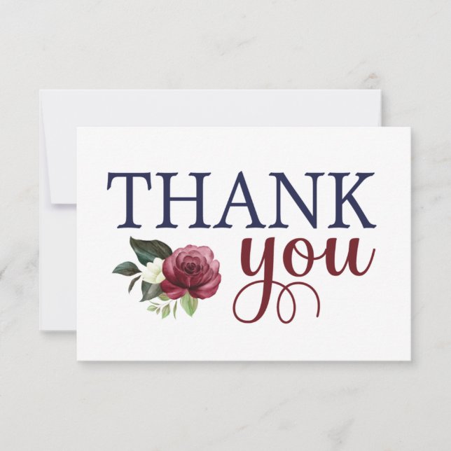 Watercolor Floral Navy & Maroon Thank You Card (Front)