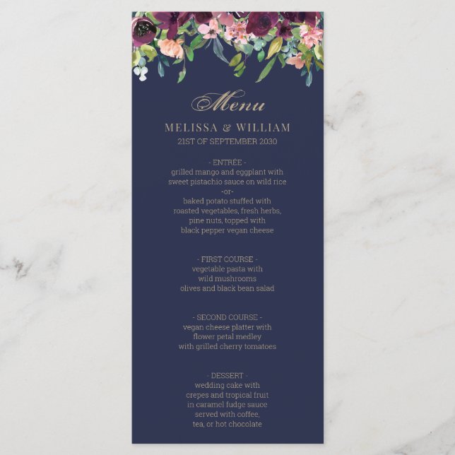 Watercolor Floral Navy Wedding Menu (Front)