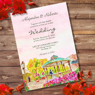 Watercolor Floral Old Town Kiosk Mexico Wedding Invitation
