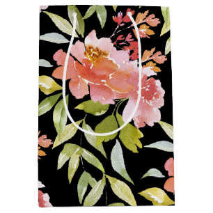 Watercolor Floral on Black Medium Gift Bag